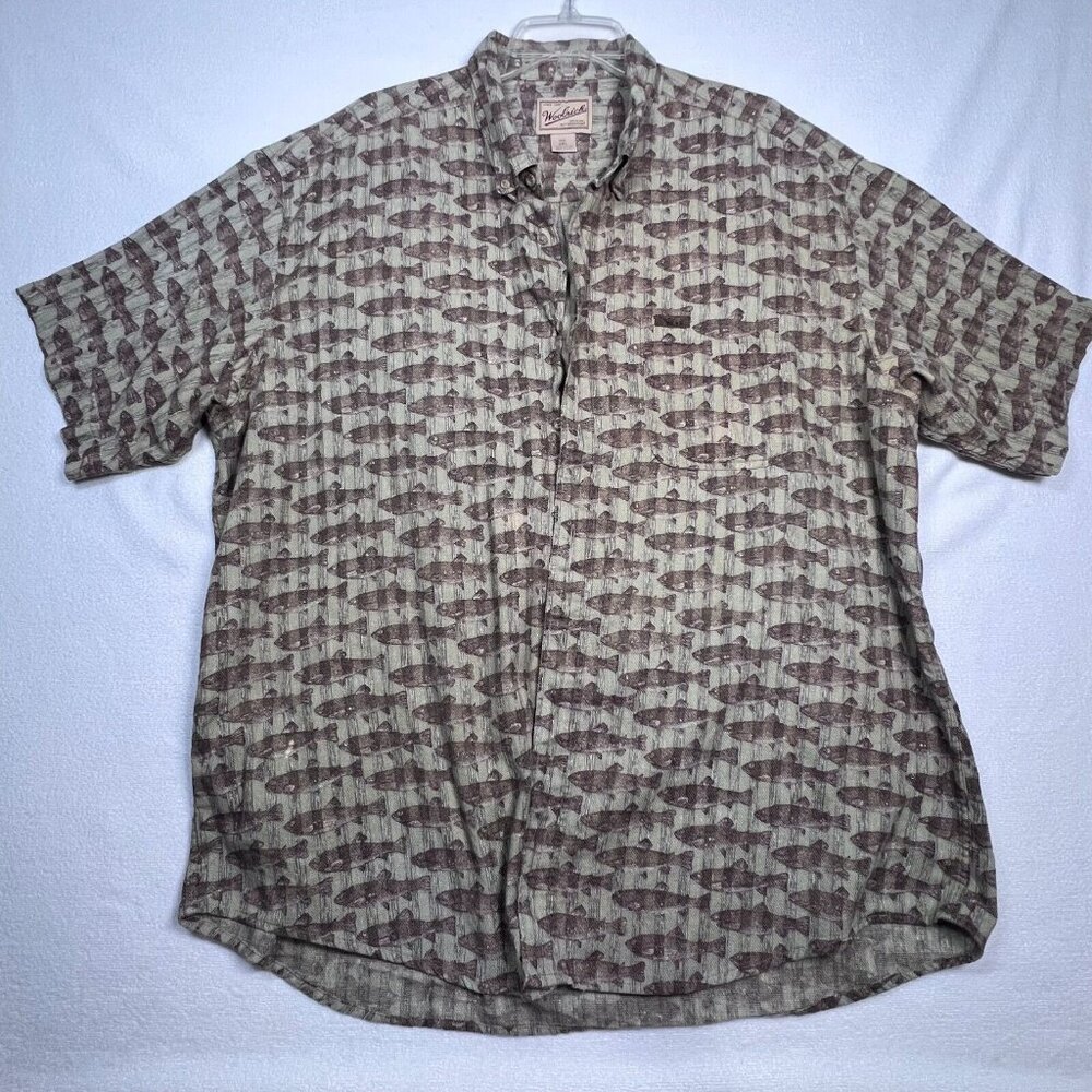 Woolrich Fish All Over Print 2XL Short Sleeve Shirt Woven Outdoors Brown Cotton